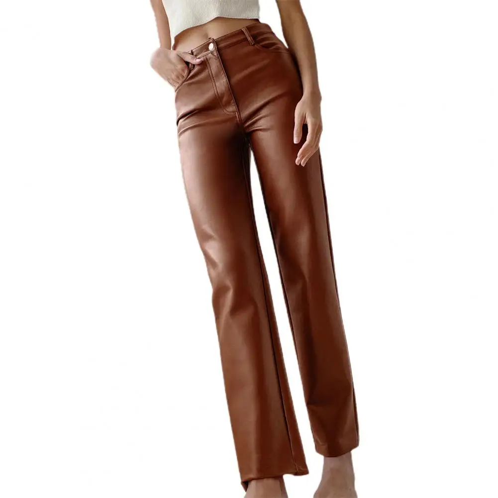 Lady Pants Solid Color Faux Feather Vintage High Waist Smooth Straight Leg Pants for Daily Wear