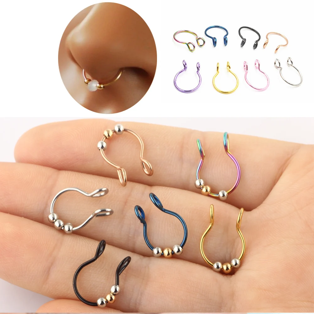 TIANCIFBYJS 2pcs U Shaped Fake Nose Ring Hoop Septum Rings Stainless Steel Nose Piercing Fake Piercing Oreja Pircing Jewelry