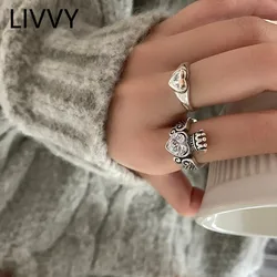 LIVVY Fashion Silver Color Princess Tiara Crown Sparkling Love Heart Rings For Women Couple Vintage Fashion Jewelry Gift