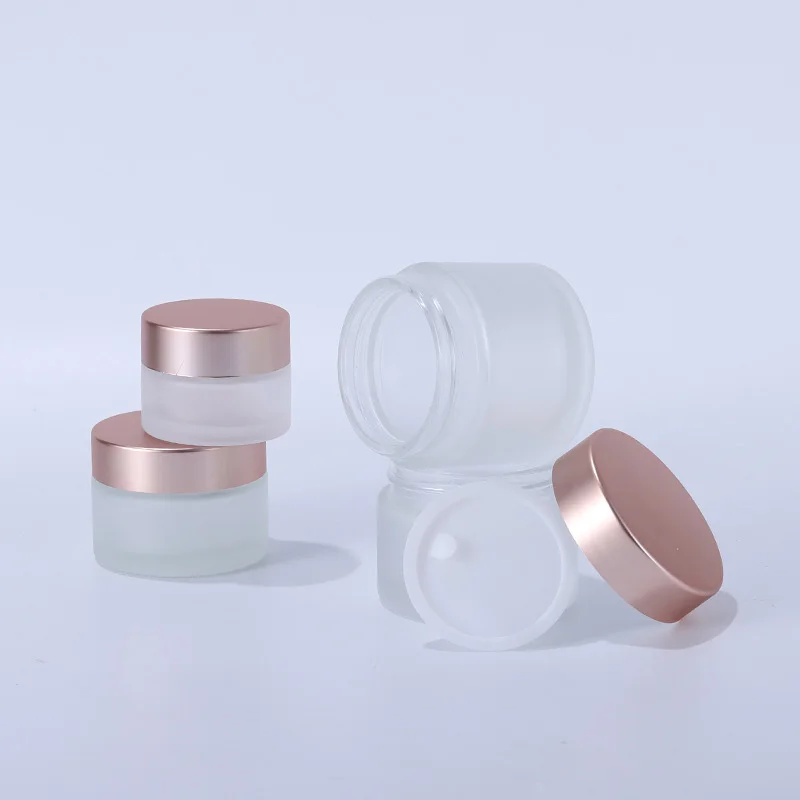 10pc Clear Frosted Glass Cream Jar Cosmetic Container 5-100g Cosmetic Jars Rose Gold Lid Glass Bottle Cream Container Empty Jars