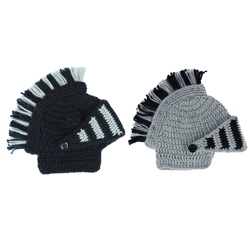 Unisex Funny Chunky Knit Roman Knight Helmet Hat Contrast Color Tassel Barbarian Earflap Beanie Skull Cap with Face Mask