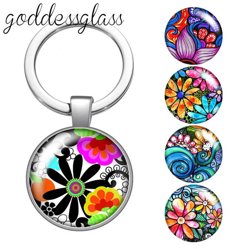 Colorful painting Flowers Dasiy patterns Round glass cabochon keychain Bag Car key chain Ring Holder Charms keychains for gift