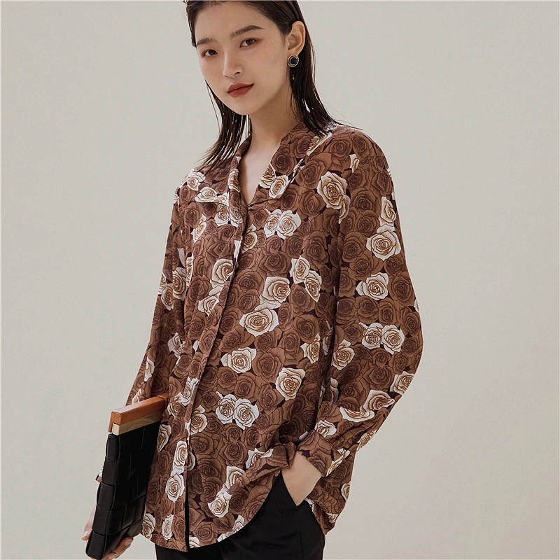 CHEERART Autumn Brown Shirt For Women Long Sleeve Top And Blouse Loose Rose Floral Print Blouse Button Up Collar Shirt Clothes