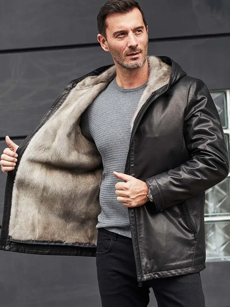 

Mens Sheepskin Coat Black Leather Jacket Hooded Grey Mink Fur Overcoat Oversize Winter Parkas