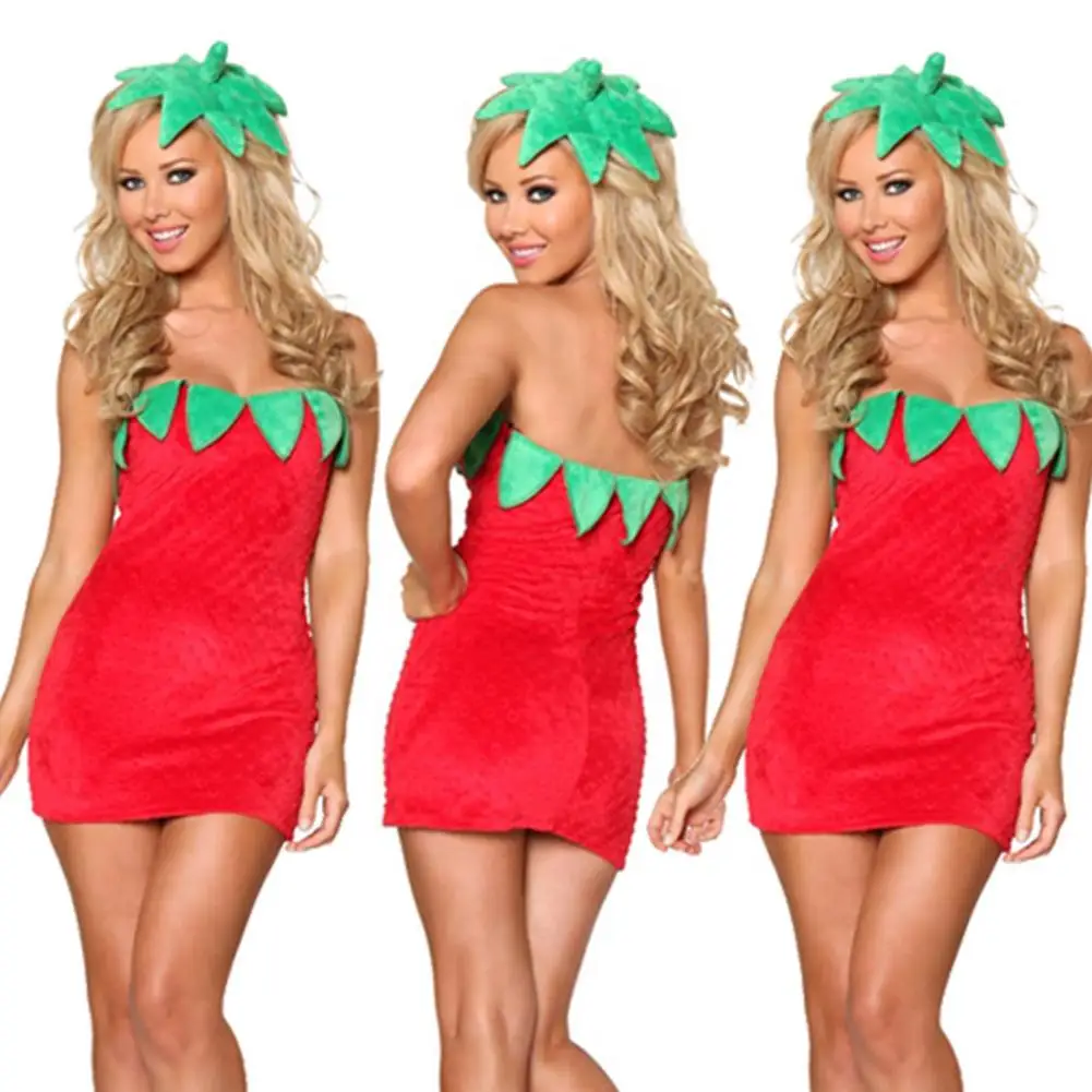 Ladies Strawberry Costume Dress Fruit Strawberry Fancy Dress Perfect Festival Dress Close-fitting Skirt With Headwear