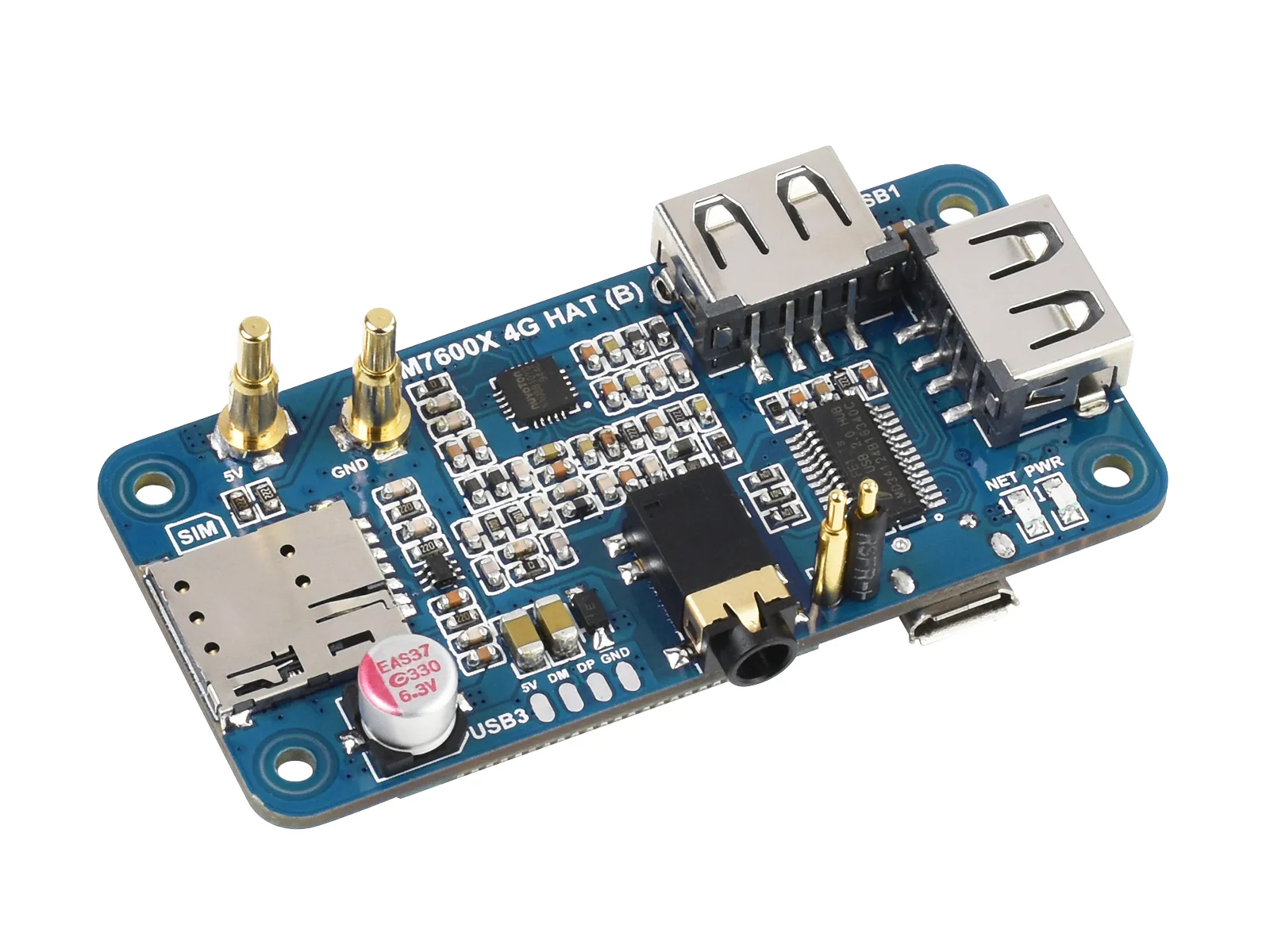 SIM7600G-H 4G HAT (B),Raspberry Pi 4G expansion board Type B,Global multi-band,With GNSS positioning,Compatible with 4G/3G/2G