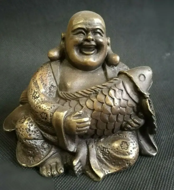 Chinese Copper Buddhism Fengshui Fish Money Wealth smile Maitreya Buddha Statue