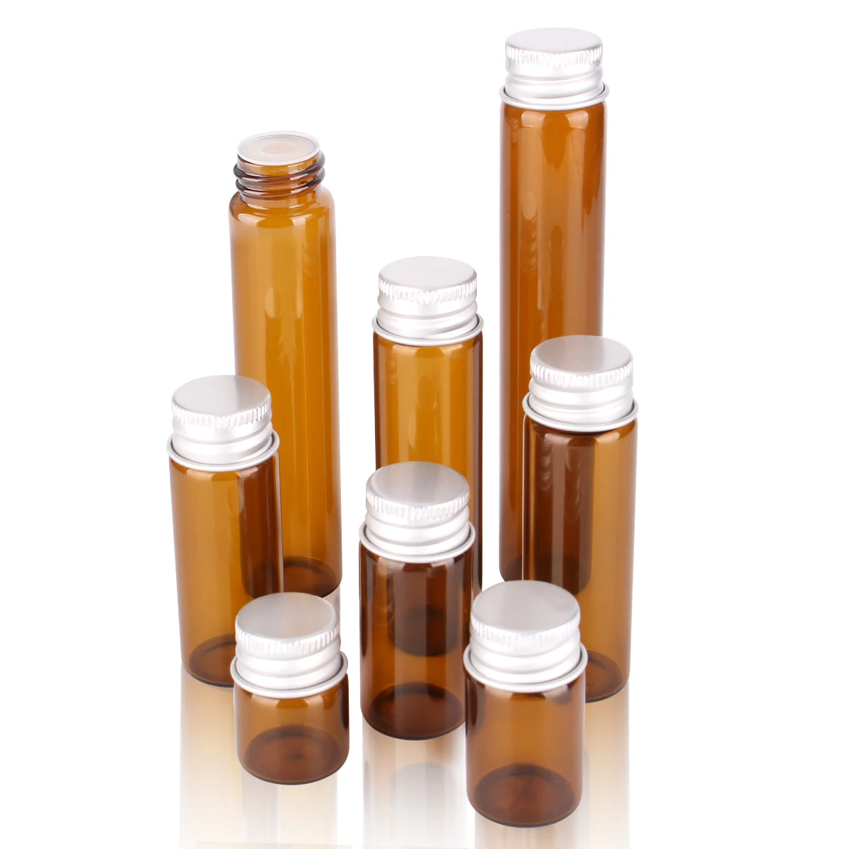 

50 pieces 5ml/7ml/10ml/14ml/18ml/20ml/25ml/30ml Amber Glass Potion Bottles with Aluminium Lids Small Jars Vials 8 Sizes U-pick