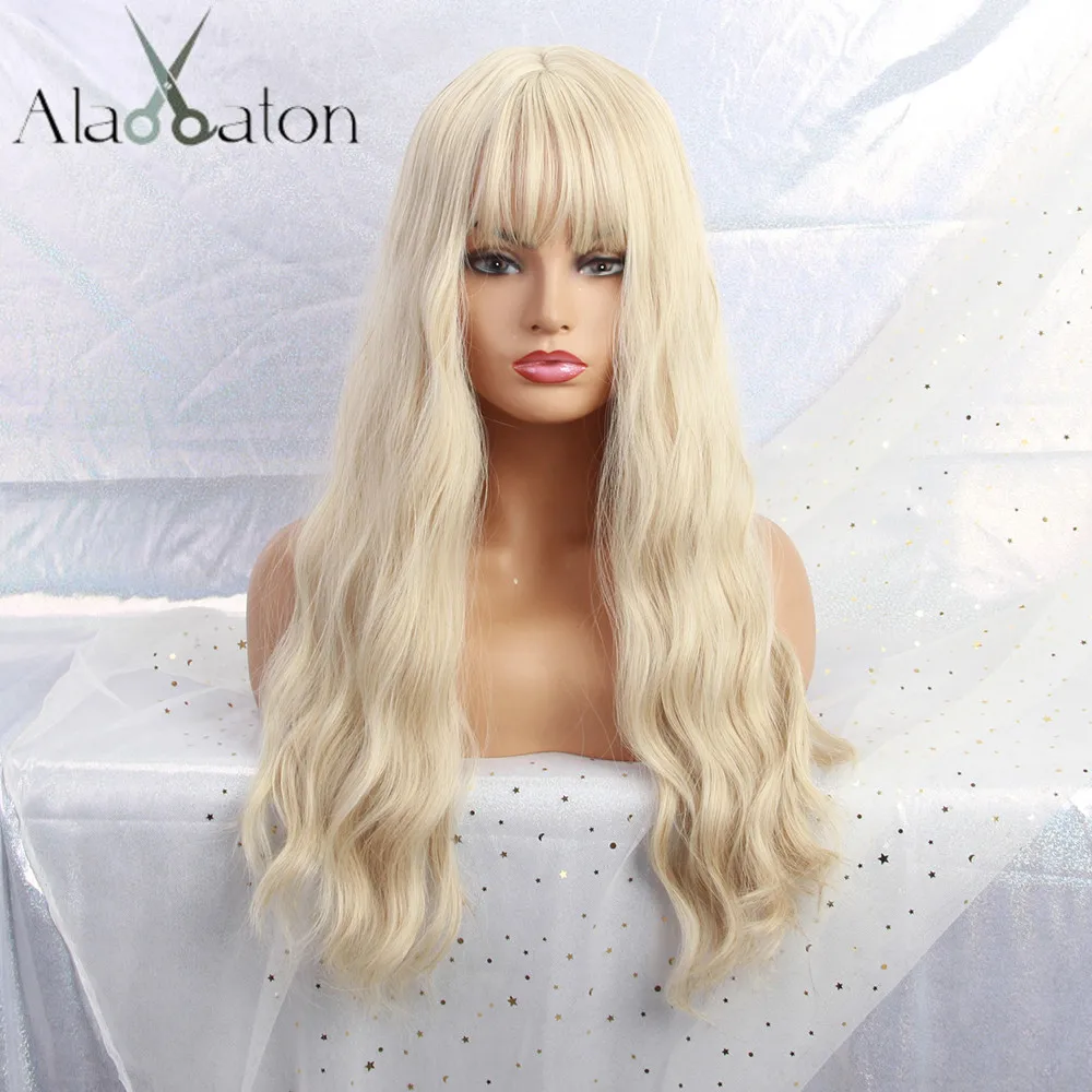 ALAN EATON Long Light Blonde Wigs with Bangs Heat Resistant Synthetic Wavy Wigs for Women African American fashion hairs Peruca