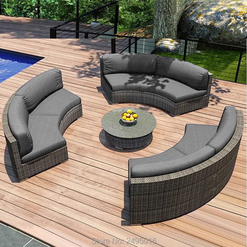 6pcs Rattan furniture Outdoor Garden couch Semi Circle Sofa Wicker woven sectional couch sofa set swiming pool  terrace Patio