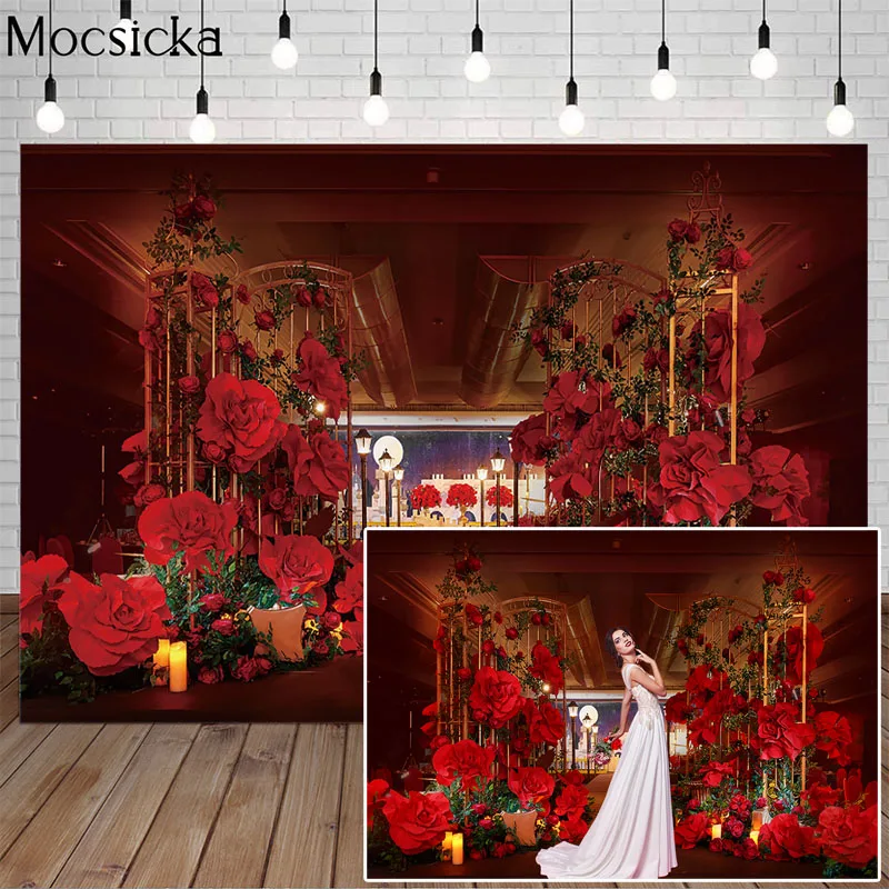 

Mocsicka Valentine's Day Red Rose Flower Photography Background Wedding Bridal Shower Romantic Backdrop Decoration Props Studio