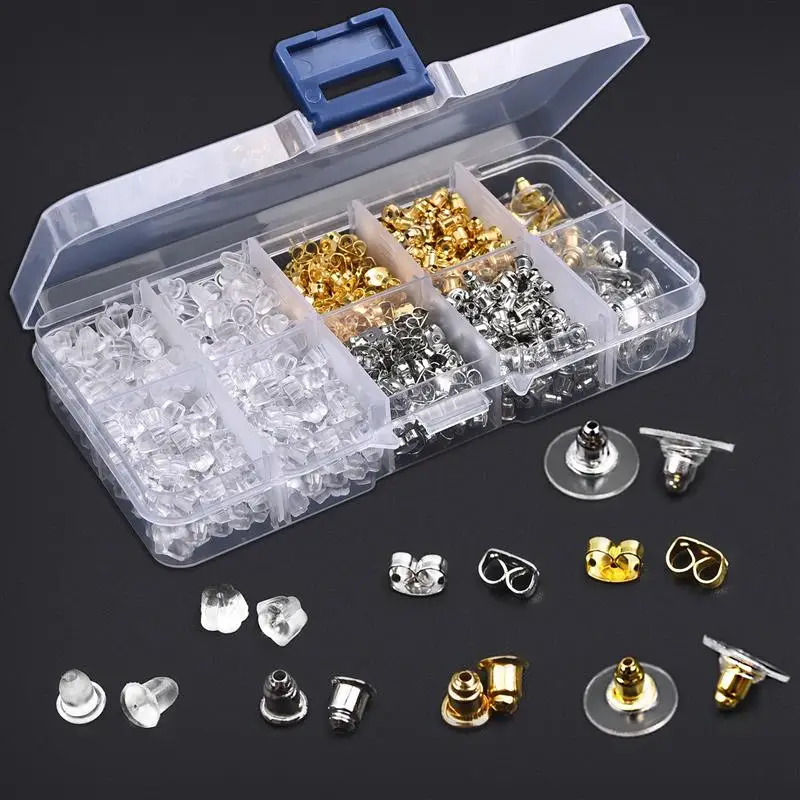 30~880pcs Ear Plug Box Clear Silicone Rubber Alloy Earring Clasp Earrings Accessories Kit DIY Jewelry Making Ears Hook Findings