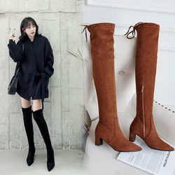 2023 Fashion Faux Suede Slim stivali sopra il ginocchio stivali invernali da donna stivali alti alla coscia Sexy scarpe femminili con tacco alto donna 32 33 43