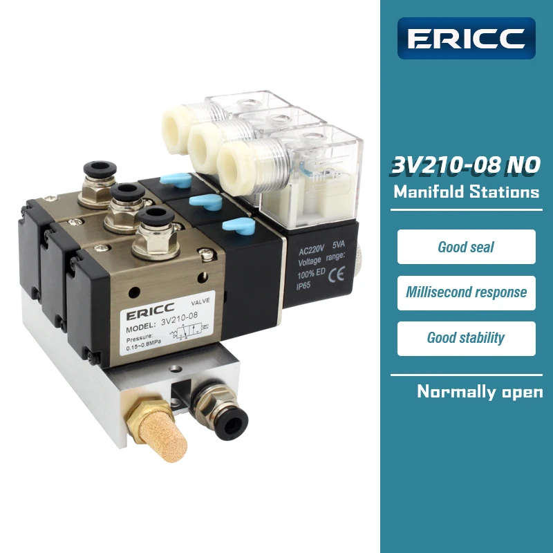 3V210-08-NO Normally Open Manifold Stations DC 12v 24v AC 110v 220v with Silencer Fitting 3 port 2 position solenoid valve