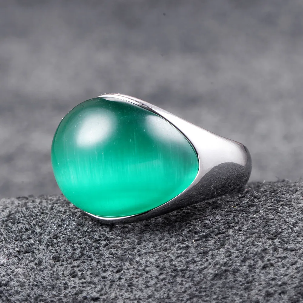 Big Green Opal Cat\'s Eyes Gemstones Rings for Men Women Stainless Steel Unique Fashion Bands Accessories Sizes 7,8,9,10,11,12
