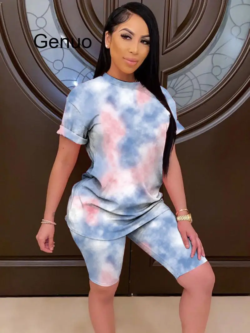 

2020 New Fashion Women Tracksuit 2 Piece Set Tie-dye Printed Sweatsuit Short Tee And Short Pants Suit Women 's Homewear