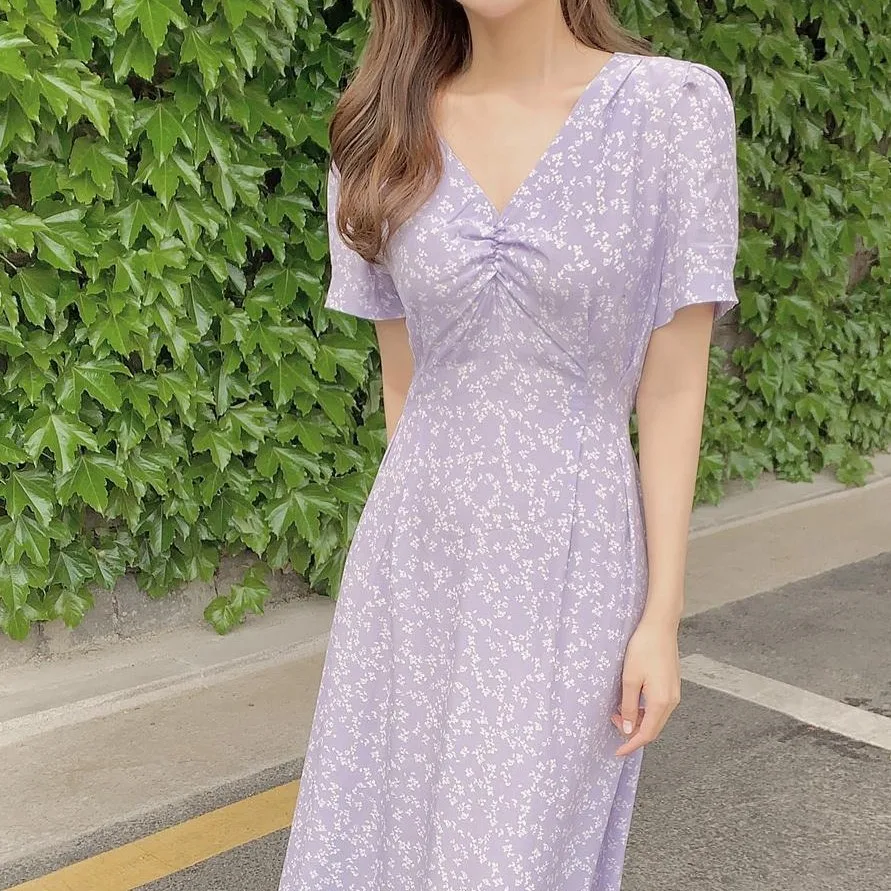 2021 Mới In Hoa Mùa Hè Chiều Dài Đầm Vintage Oversize Nữ Tay Ngắn Đi Biển Nữ Áo Dây Đầm Vestido Hứa