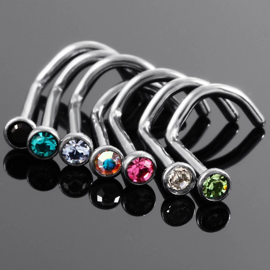 10Pcs/20Pcs/50Pcs G23 Titanium Nose Rings Studs Round Crystal Nose Rings Piercing Body Jewelry L-shape Nose Stud Zircon Nostril