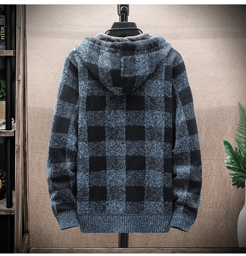 Männer Neue Winter Plaid Pullover Mit Kapuze Strickjacke Kalten Mantel Wolle Zipper Jacke Herbst Fleece Warme Kleidung Karierten Stricken Jumper – Detail 8