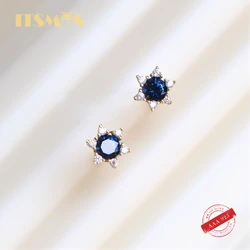 ITSMOS 18K Gold Plated Silver Blue Spinel Earrings Elegant Pave Cubic Zircon Lucky Flower Stud Earrings for Women Luxury Jewelry