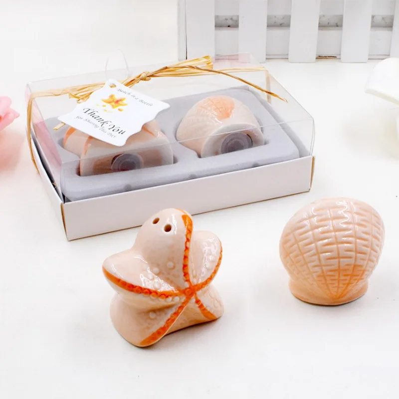 【KATEROSE】Seashell&Starfish Ceramic Salt and Pepper Shakers Beach Themed Party Giveaways For Guest