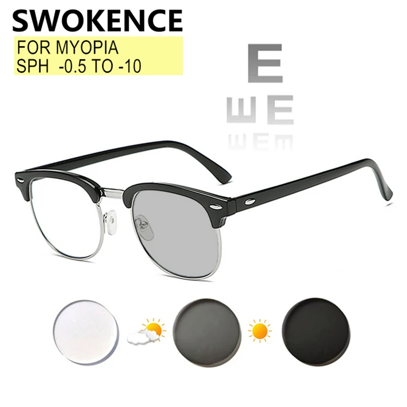 SWOKENCE Prescription Glasses Myopia -0.5 to -10 Women Men Nearsighted Spectacles Photochromic Anti Blue Ray Astigmatism F026