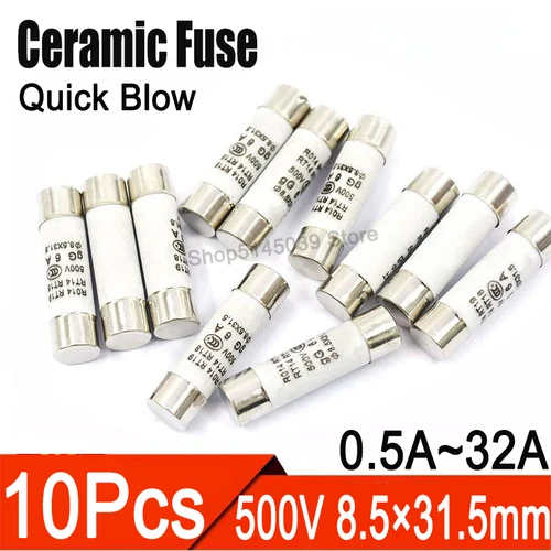Imagen 1 del producto 10 unids/lote 8,5*31,5mm tubo fusible cerámico 500V 0.5A 500MA 1A 2A 3A 4A 5A 6A 8A 10A 16A 20A 25A 32A fusible cerámico RT19 RO14