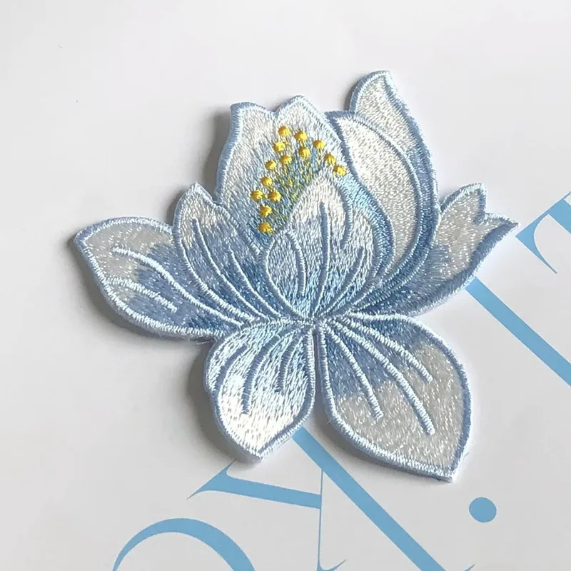 1Pcs Blue Lotus  Flower Embroidery Patches Iron Or Sew for Clothing Applique DIY Hat Coat Dress Pants Accessories Cloth Sticker