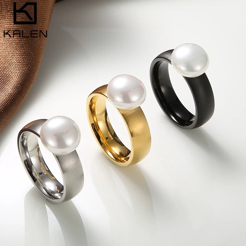 Kalen Fashion Anillos White Simulated-Pearl Rings For Women Gold Color Stainless Steel Wedding Bands Finger Party Jewelry