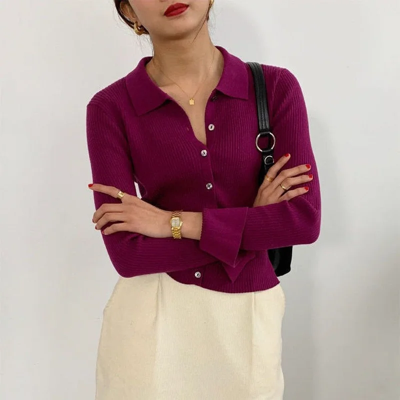 Cardigan Women Solid Color Sweater Turn-down Collar Single Breasted Japanese Style Minimalist Elegant Office Ladies Clothing Ins