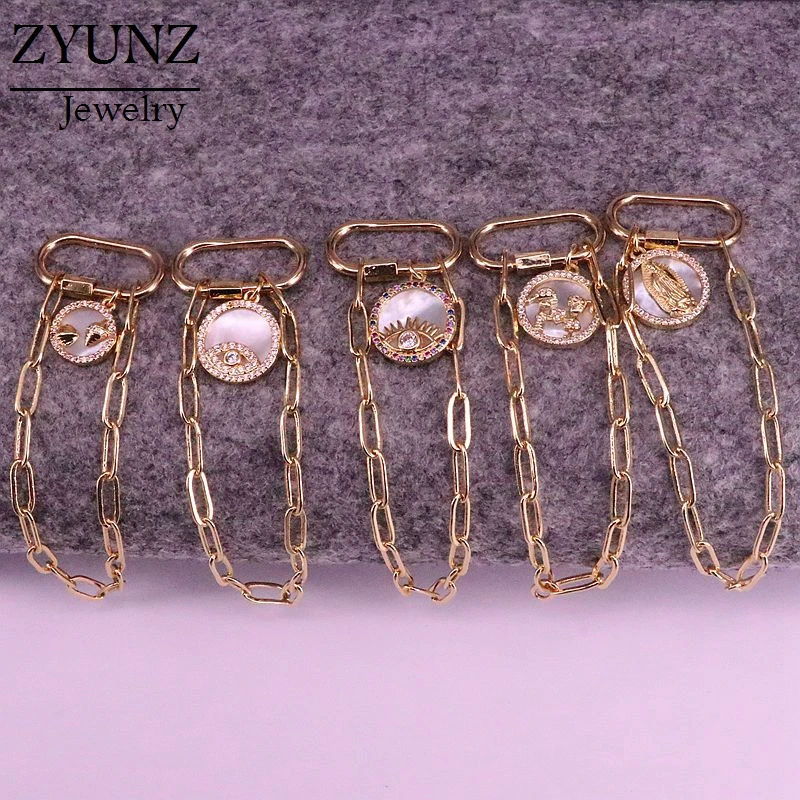 6PCS, Carabiner Shell Bracelet, CZ Micro Pave Mother of Pearl Bracelet, Screw Clasp Bracelet, CZ Micro Pave Chain Link Bracelets