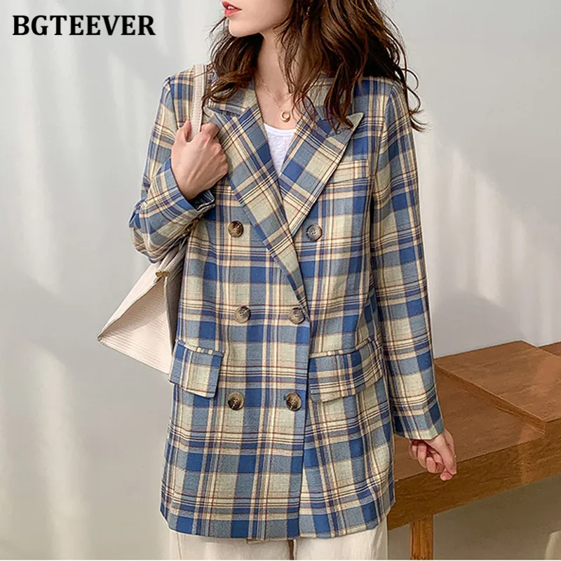 BGTEEVER Vintage Double Breasted Plaid Blazer for Women 2021 Spring Chic Notched Collar Loose Female Suit Jackets