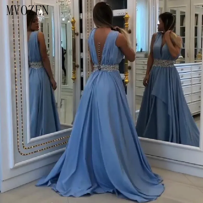 Sky Blue Long Evening Dress 2023 Chiffon V-Neck Beaded Pleat Floor Length Formal Gowns Evening Dresses Vestido de festa Longo