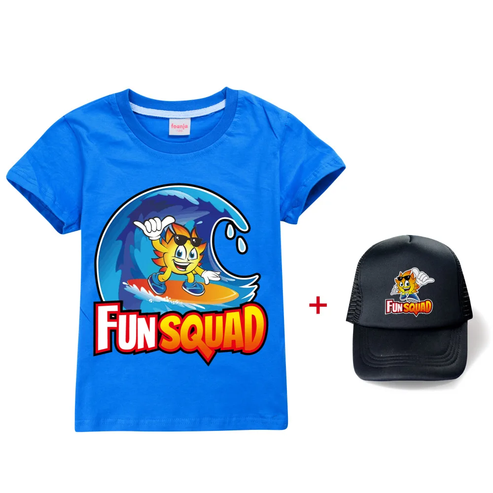 New Summer Fun Squad Gaming T Shirt Children Kawaii Cartoon 3D T-shirt For Boys Girls Kids Clothing Unisex Short Sleeves+sun hat