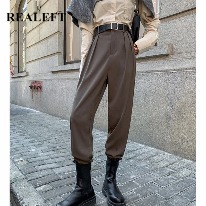 REALEFT 2021 New Autumn OL Style Women's Harem Pants with Belted High Waist Formal Elegant Office Lady Ankle-Length Pants Female