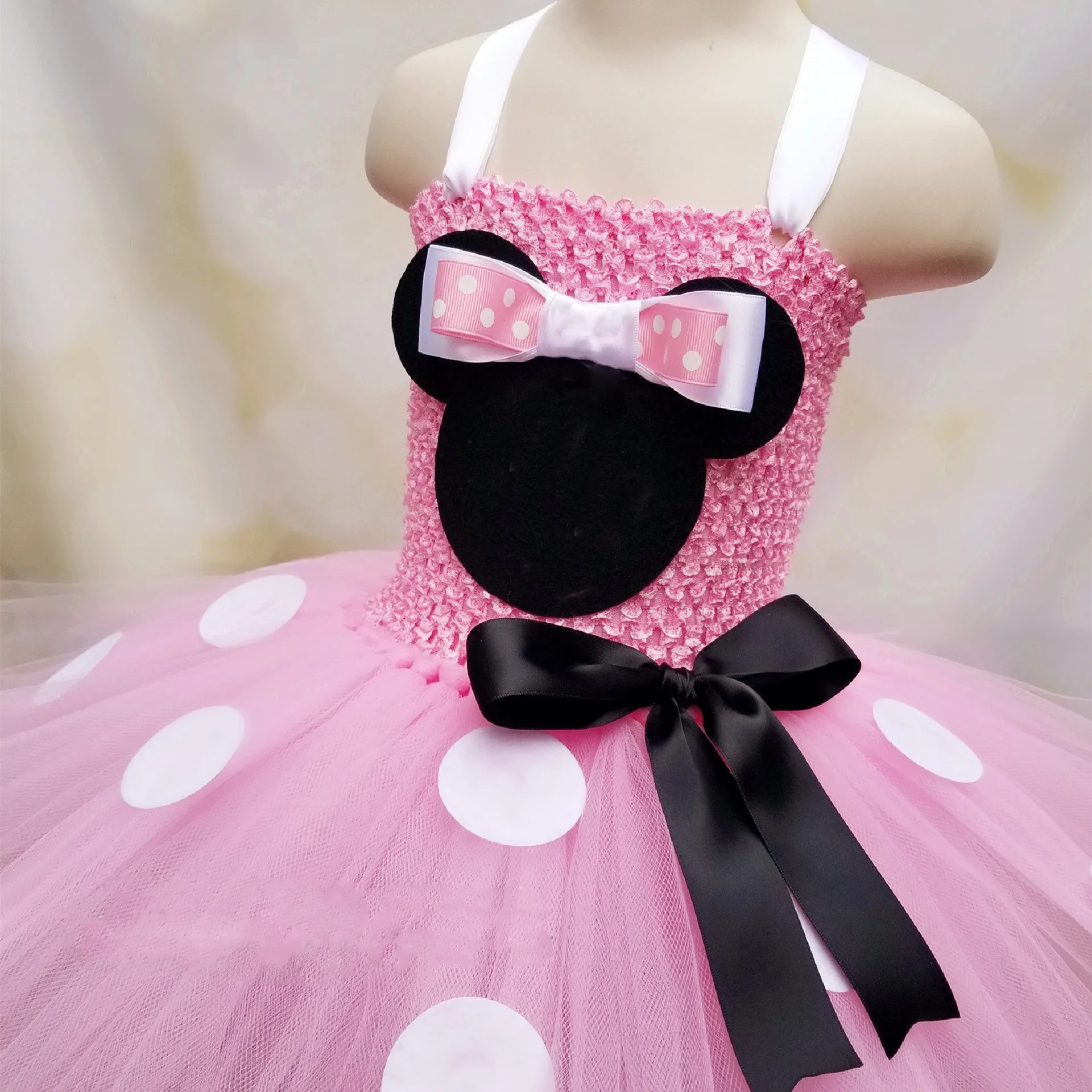 Cute Girls Pink Mickey Minnie Tutu Dress Baby Crochet Dress with White Dots and Hairbow Kids Party Cosplay Cartoon Costume Dress