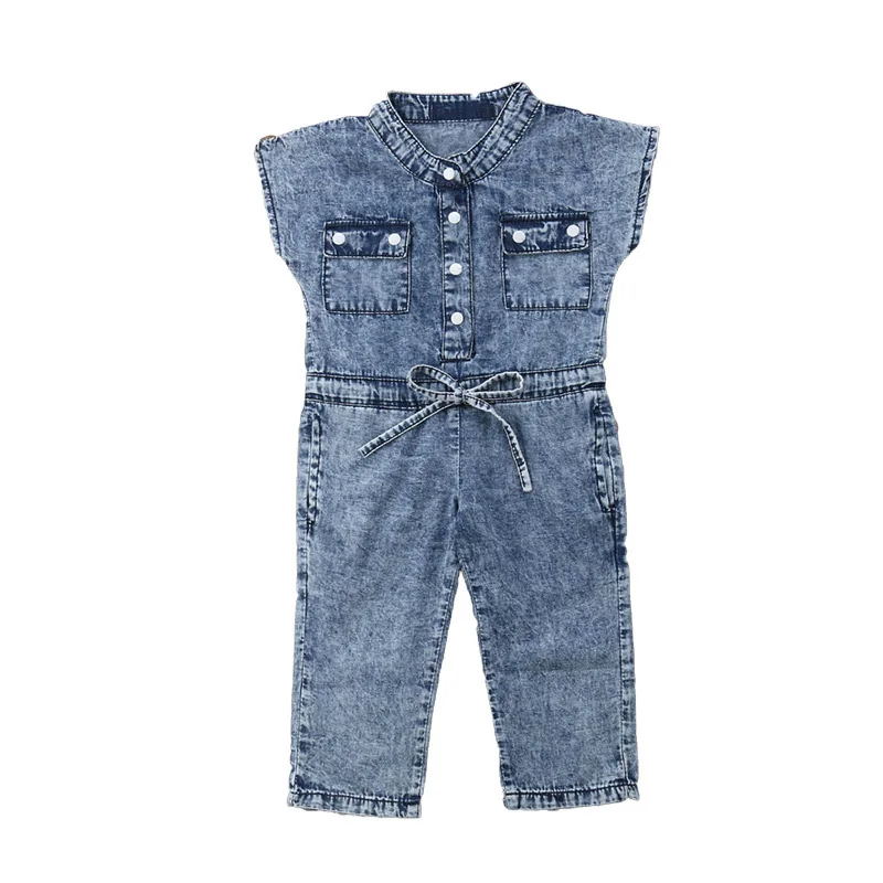 2-8year old girl clothes summer sleeveless jumpsuit fashion solid color wash water high quality denim sports children\'s clothing