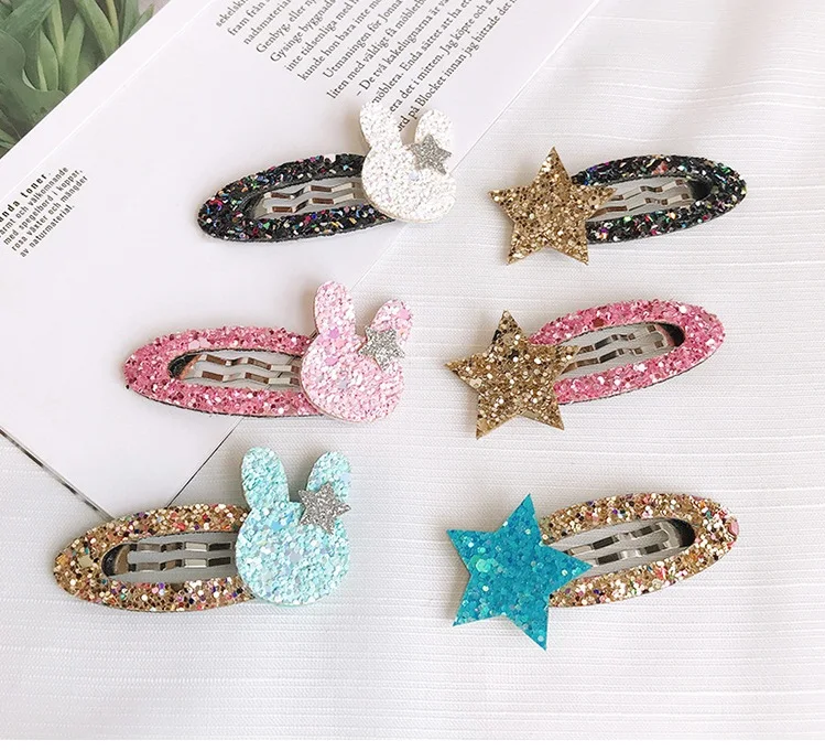 Boutique ins 12Sets Fashion Cute Glitter Rabbit Snap Clips Solid Star Bunny Barrettes Princess Headwear Hair Accessories