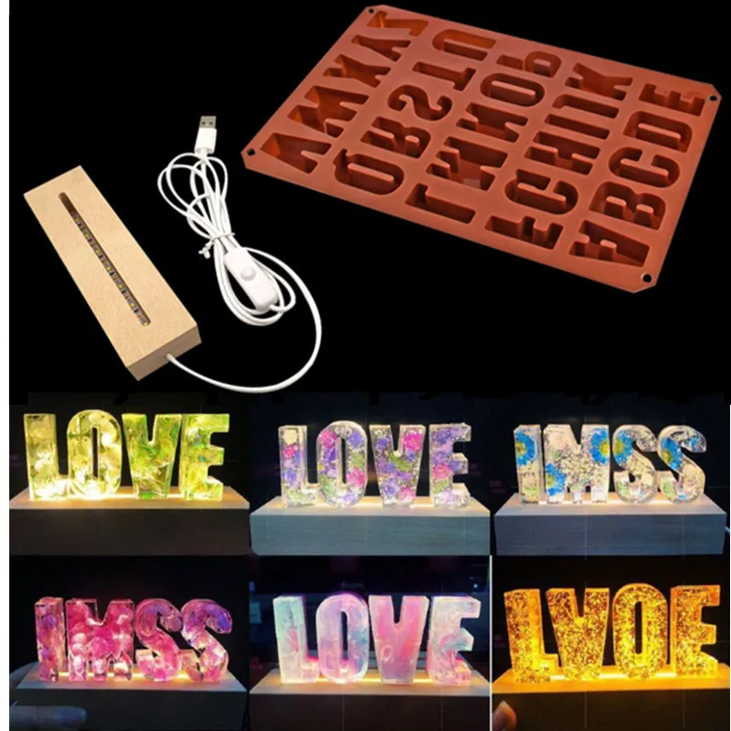 2Pcs Set Silicone Casting Mold Shiny English Letter Small Night Light Lamp Mould Room Decoration Holidays Use Epoxy Resin Molds