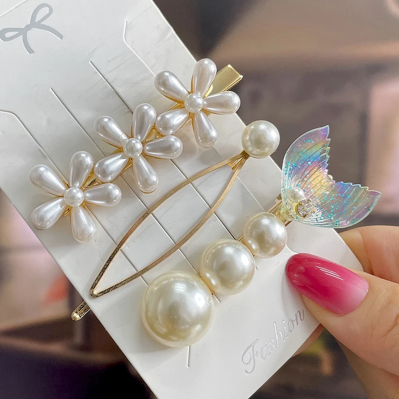 1 Set Simulated Pearl Hair Barrette For Women 2022 Simple Geometric Hair Clips Vintage Heart Love Hair Accessories Headwear