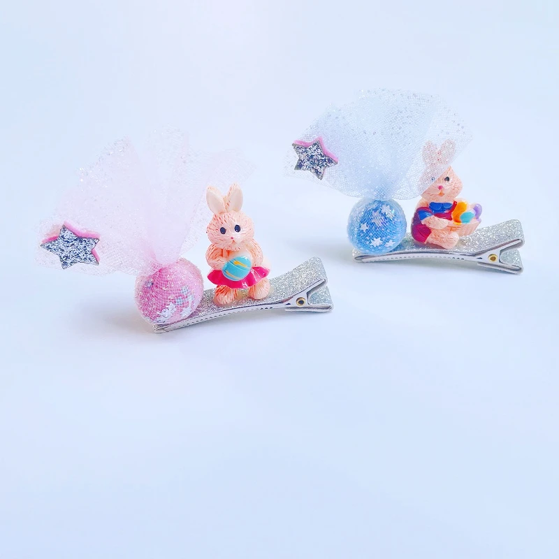 

Boutique 10pcs Fashion Cute Glitter Star Pom Pom Rabbit Hairpins Bunny Barrettes Princess Easter Headwear Hair Accessories