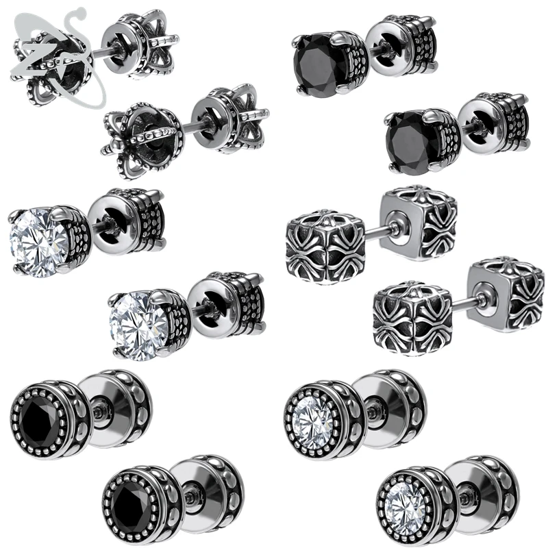

ZS 1Pair Punk Rock Stud Earrings for Women Men 316L Stainless Steel Earrings Crown Cubic Zirconia Gothic Hip Hop Accessories