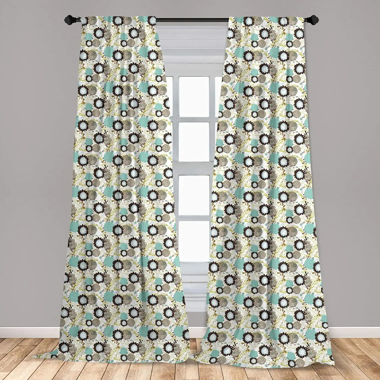 Flower Window Curtain Floral White Background with Blue and Brown Dandelions Leaves Swirls Artwork Print Lightweight Decorative