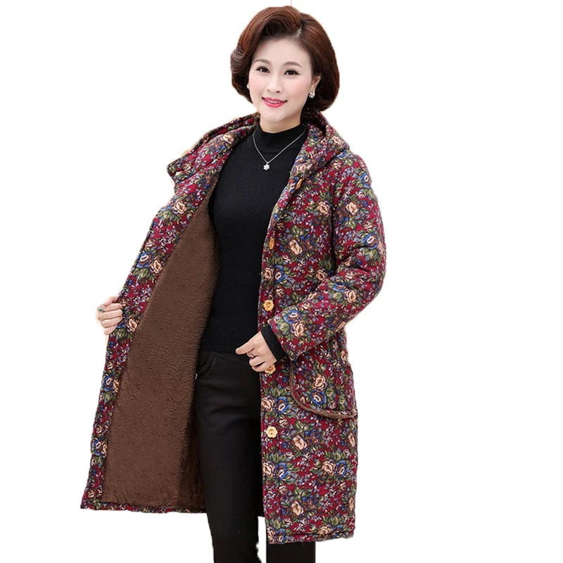 2022 Middle-aged and Elderly Women\'s Cotton Coat  Retro Single-breasted Hooded Plush Thick Warm Jacket Women Parka Outwear 6XL