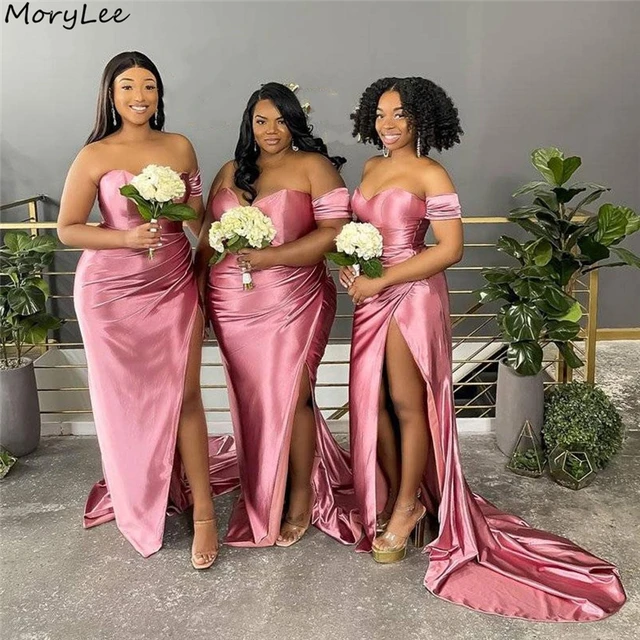 Pink Bridesmaid Dresses Sweetheart Sleeveless Silk Satin Mermaid Wedding Sweep Train Party Bridesmaid Gowns With Zipper Back AliExpress