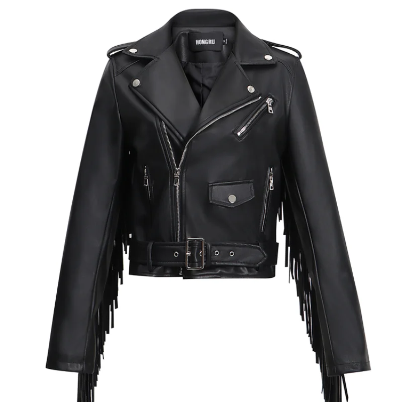 2024 Autumn New Leather Fringed Jacket Women\'s Tassel Spring PU Leather Coat Short Slim Waist Motorcycle Fashion Fringed Jacket