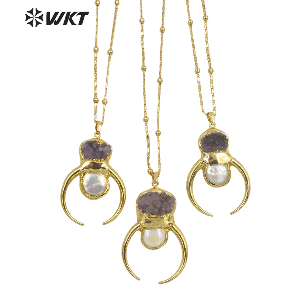 WT-N1323 Fashion Novel Circle Shape Necklace Natural Amethysts & Pearl Pendants Necklace Charming Jewelry Female Gift Classic