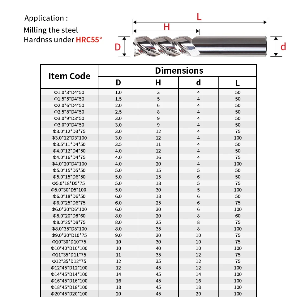 VACK HRC55 엔드 밀 알루미늄 카바이드 밀링 커터, 텅스텐강 CNC 합금 코팅 라우터 비트, 3 플루트, 4mm, 6mm, 8mm, 10mm, 12mm