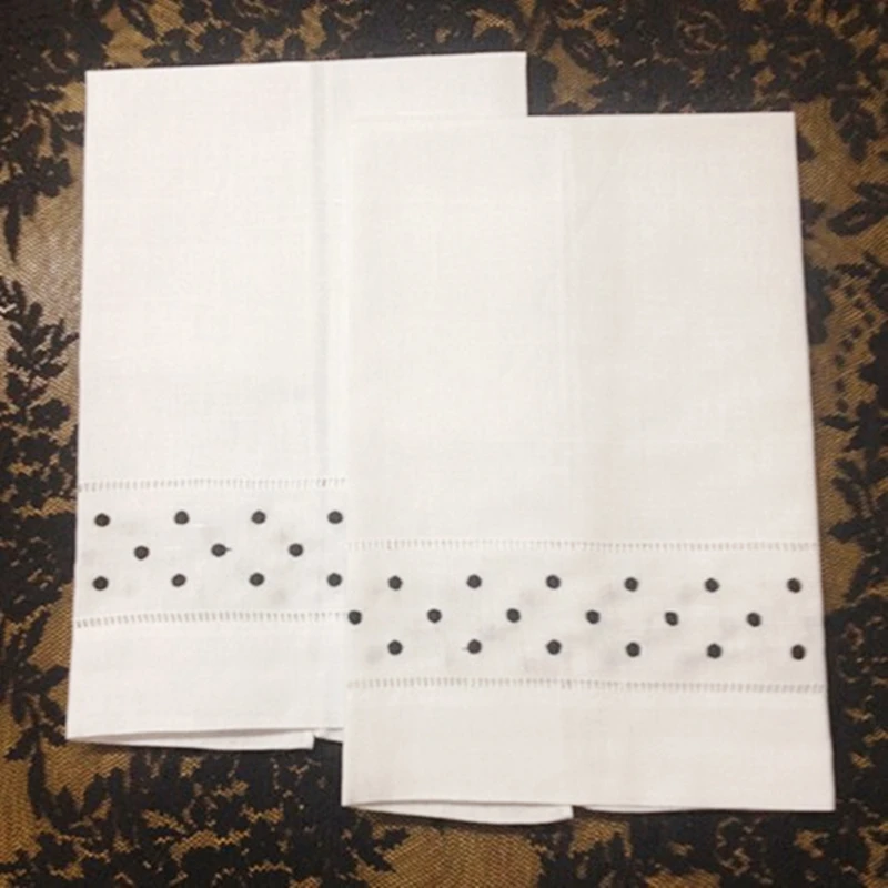 

Set of 12 14x22"Embroidered dots Handkerchief Towels White Linen Hankies For Special Occasions