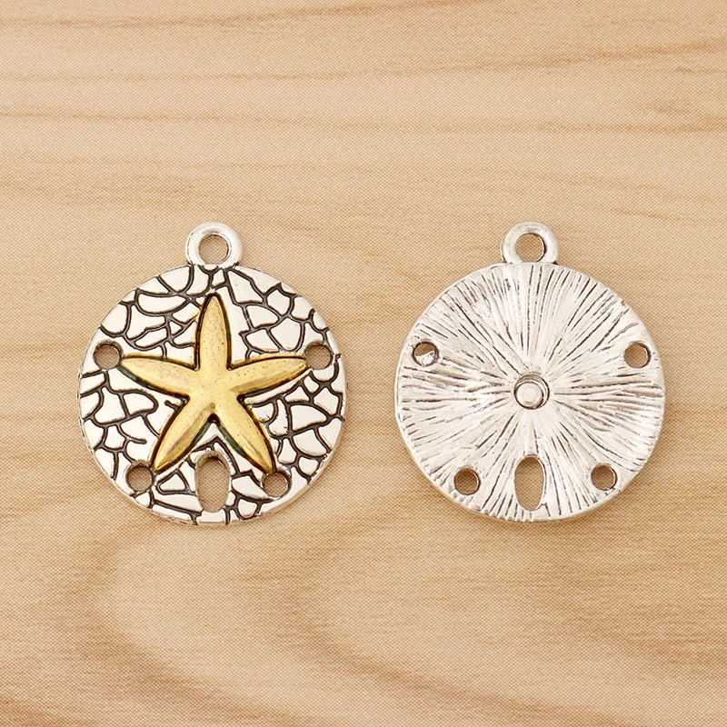 10 Pieces Tibetan Silver/Bronze/Gold Color Sand Dollar with Starfish Charms Pendants for Bracelet Necklace Jewellery Making